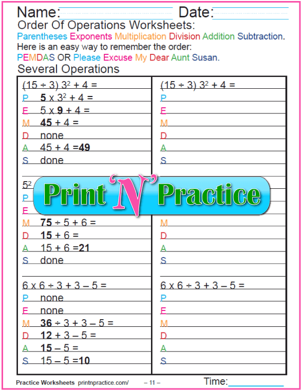 Order of Operations Worksheets For Kids