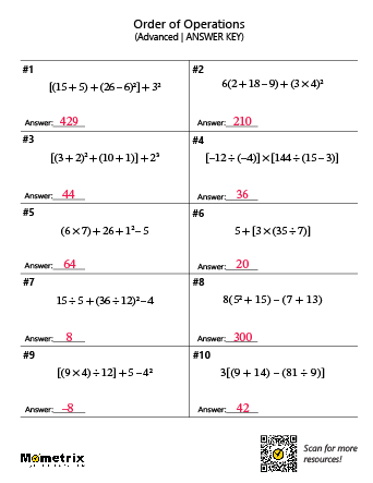 order of operations worksheet answers