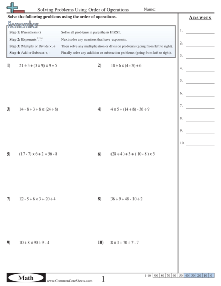order of operations worksheet answers