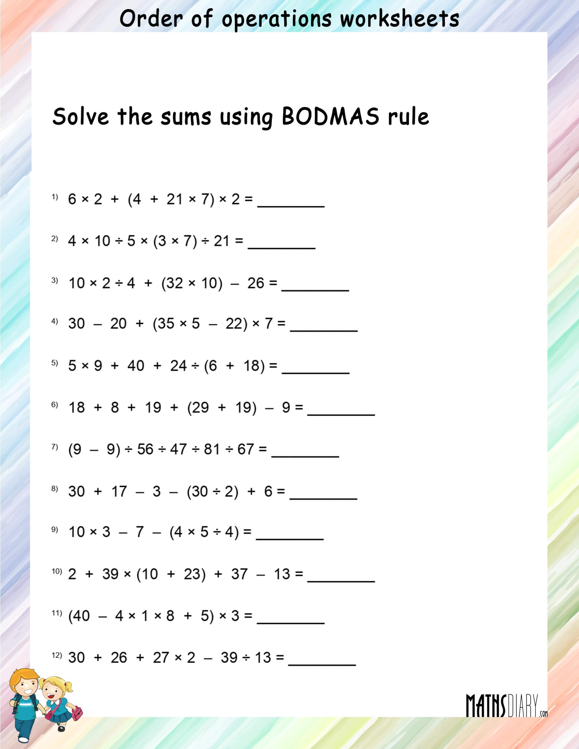 order of operations worksheet for 6th grade