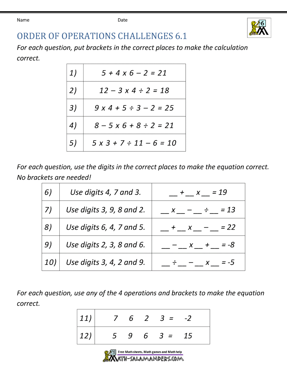 order of operations worksheet for 6th grade