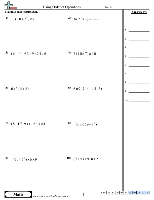 order of operations worksheet free