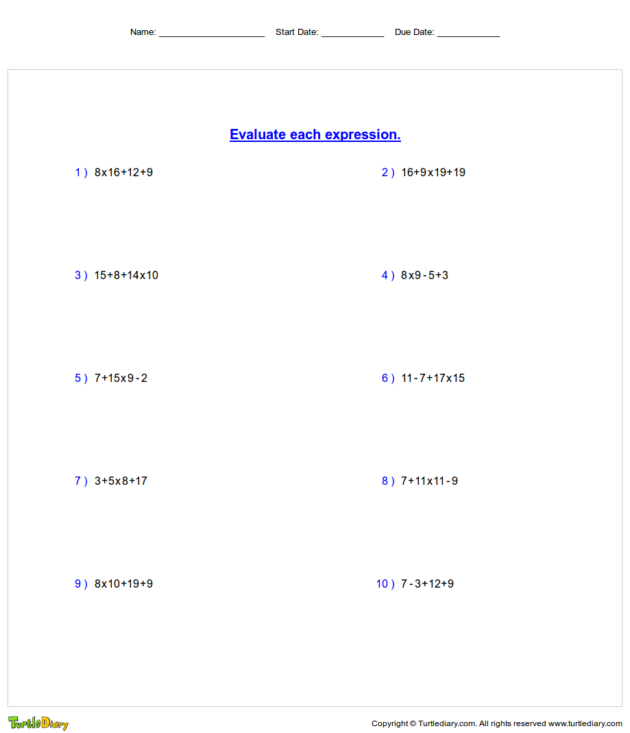 Order of Operations Worksheets