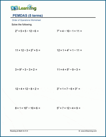 PEMDAS - 5 terms worksheets | Worsheets library