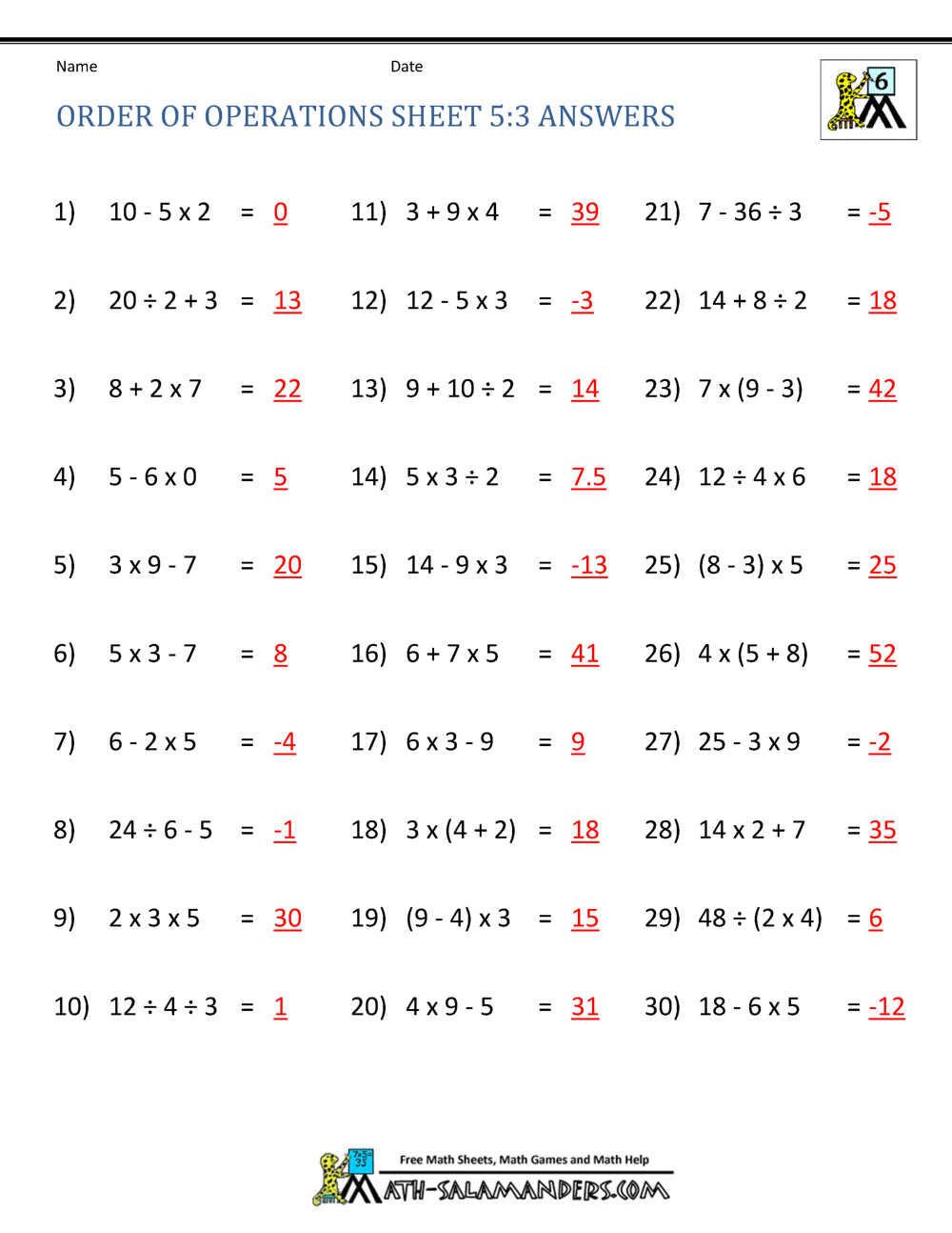 order of operations worksheet grade 5