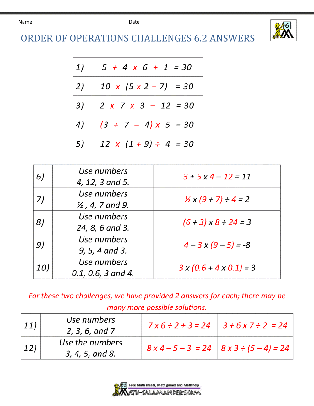 order of operations worksheet grade 6