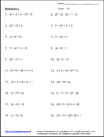 order of operations worksheet grade 6
