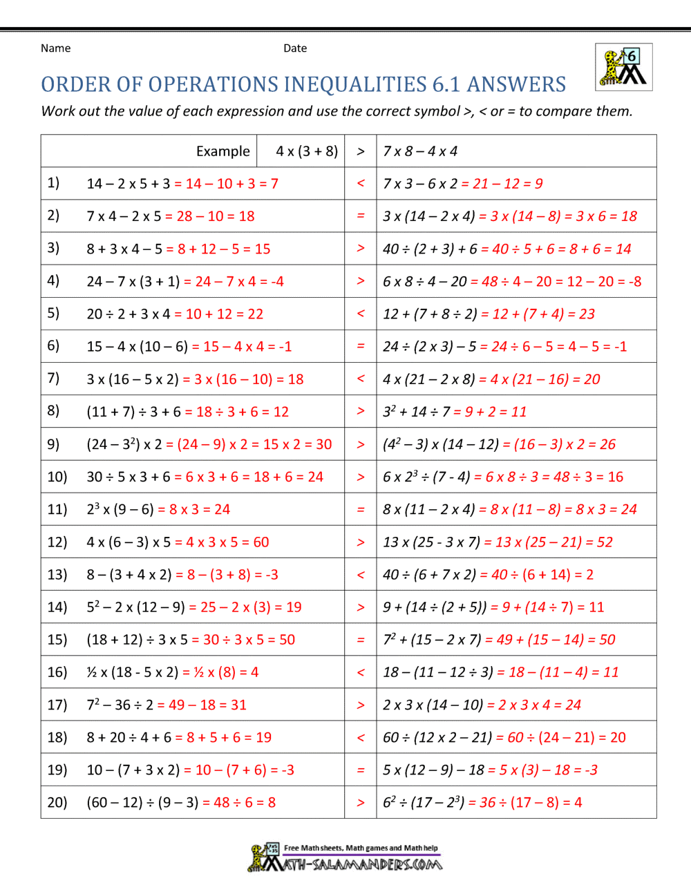 order of operations worksheet with answers