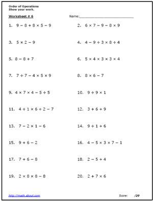 order of operations worksheet with answers