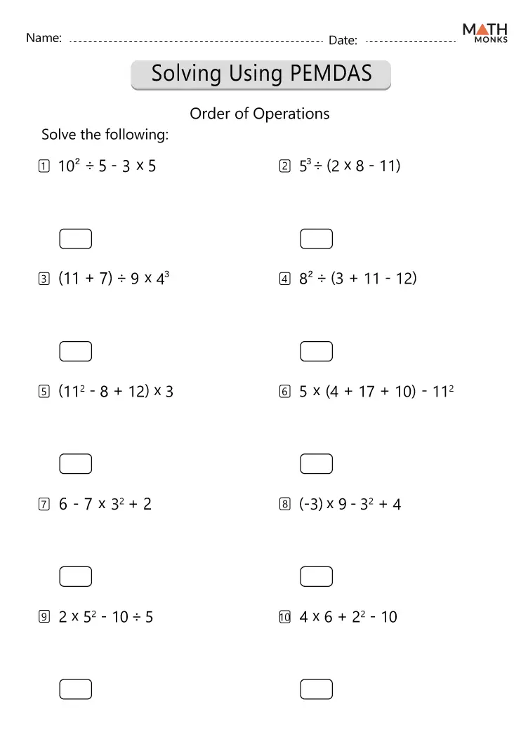 order of operations worksheet with answers
