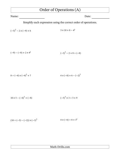 order of operations worksheet with answers