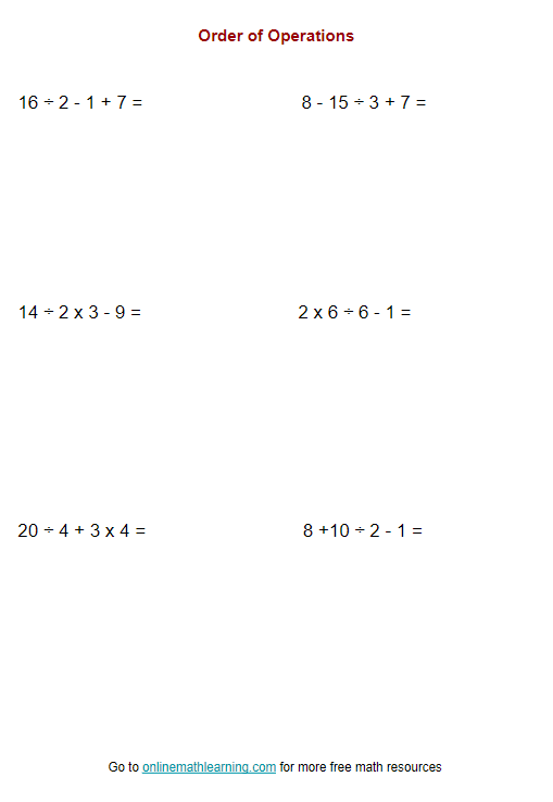 Order of Operations Worksheets (Grade 4, answers, examples)
