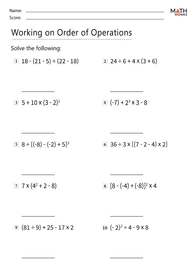 Order of Operations Worksheets - Math Monks