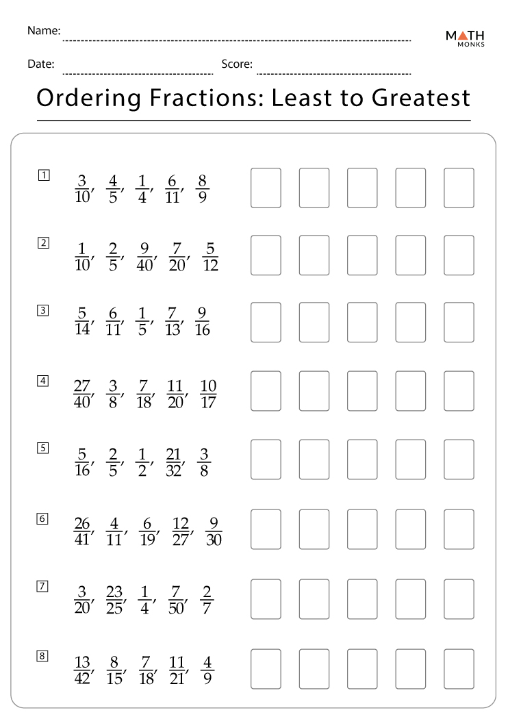 order the fractions from least to greatest worksheet