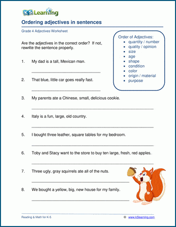 Order of adjectives in sentences worksheets | Worsheets library