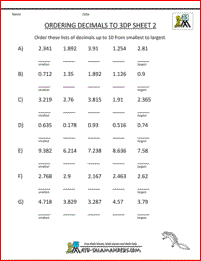 ordering and comparing decimals worksheet