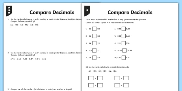 Comparing Decimals KS2 Differentiated Worksheets - Maths