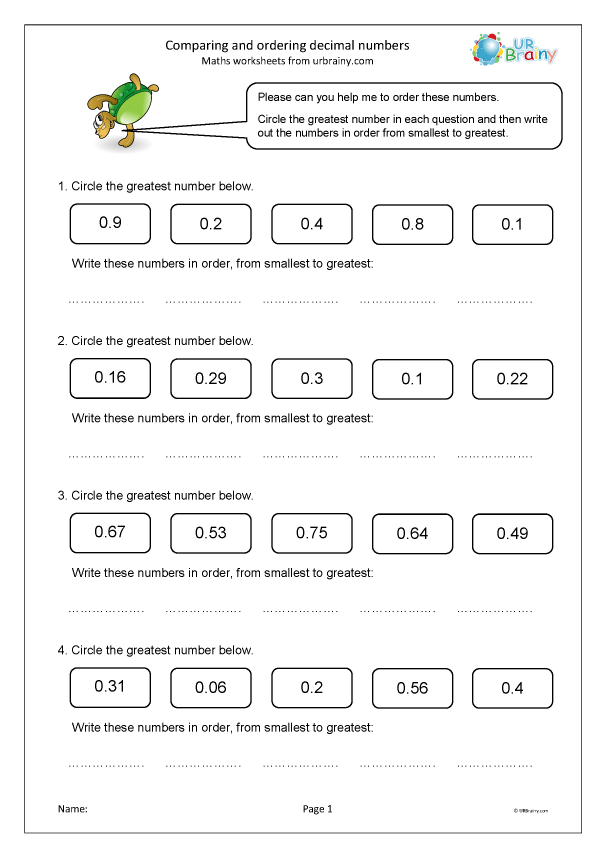 Comparing and ordering decimals smaller than 1. - Fraction and ...
