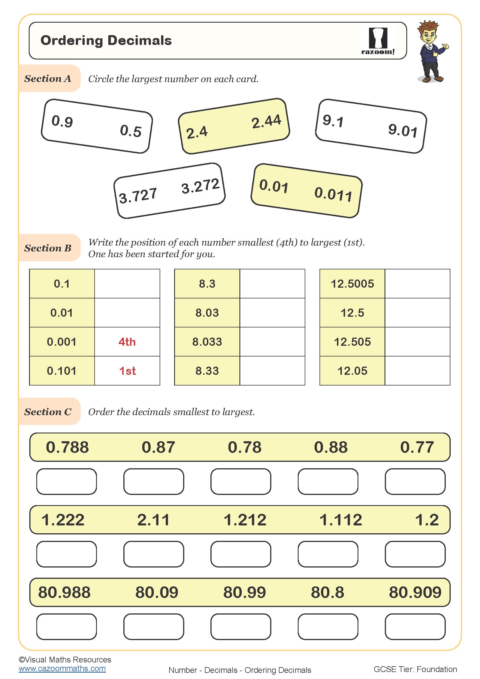 Ordering Decimals Worksheet | Printable PDF Ordering Decimals ...