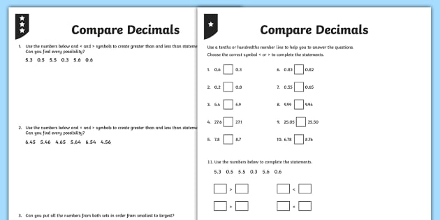 Comparing Decimals KS2 Differentiated Worksheets - Maths