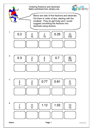 Ordering fractions and decimals - Fraction and Decimal Worksheets ...