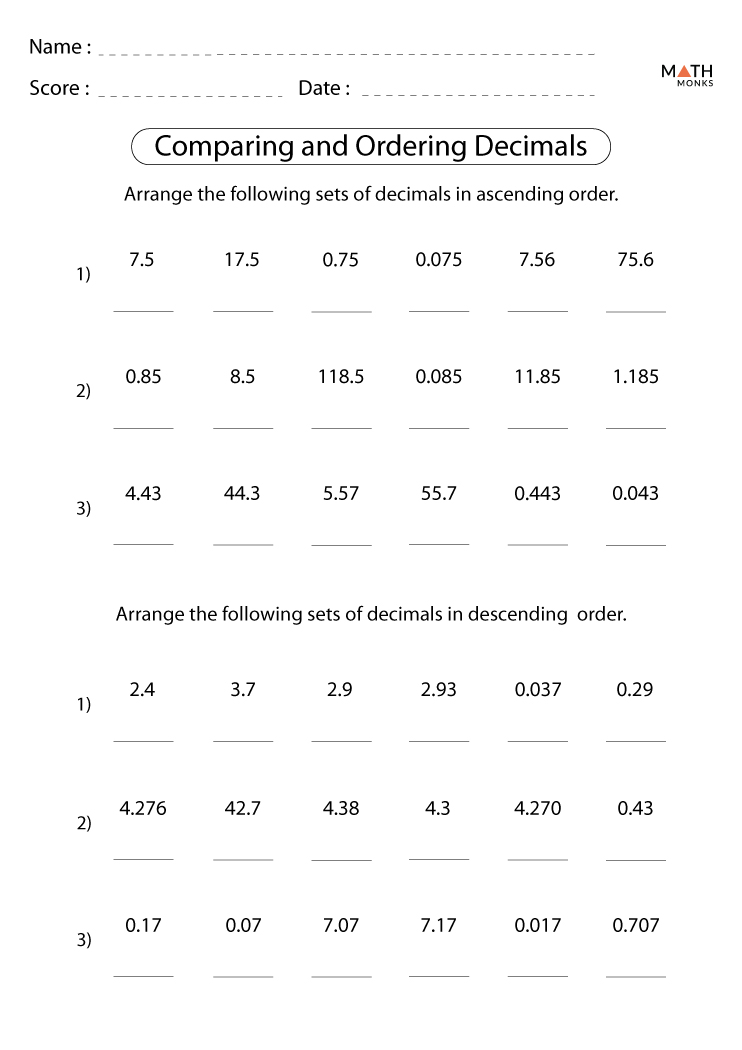 Comparing and Ordering Decimals Worksheets - Math Monks