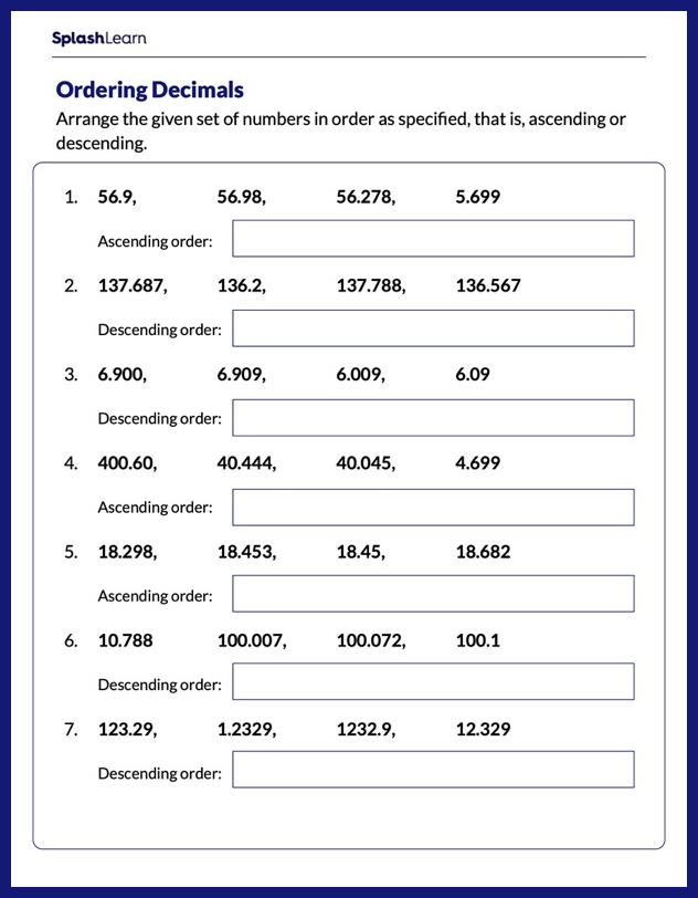 Arranging Decimals in Ascending/Descending Order - Math Worksheets ...