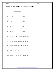 ordering decimals and fractions worksheet