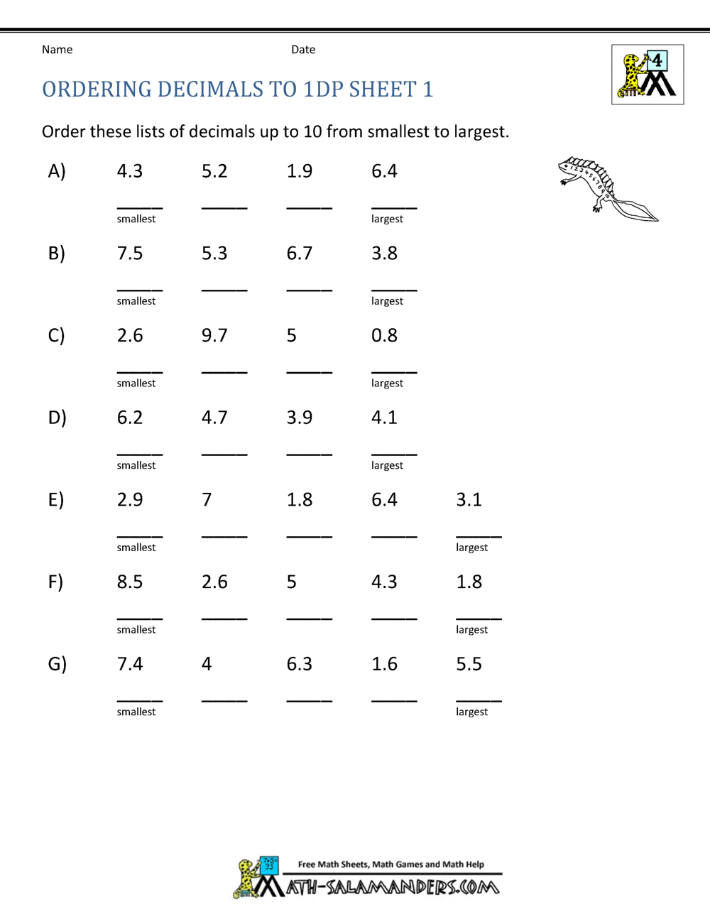 Ordering Decimals up to 3dp