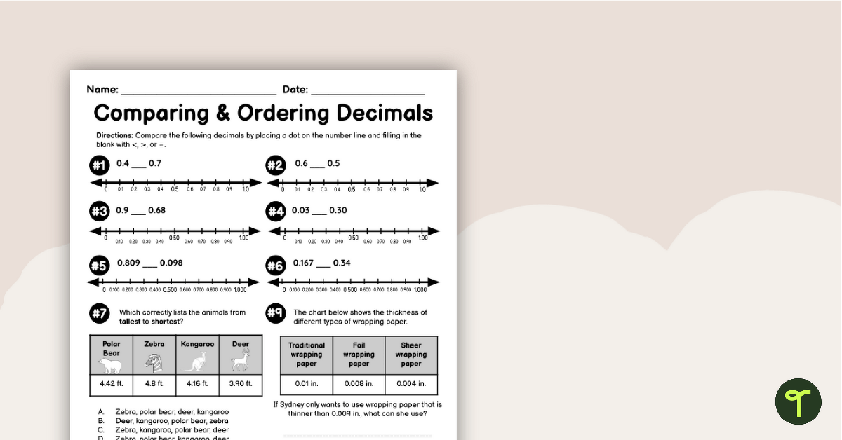 Comparing and Ordering Decimals - Worksheet | Teach Starter