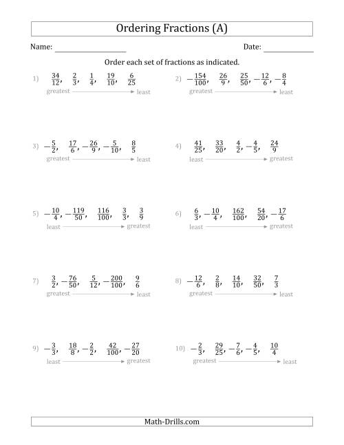 Ordering Sets of 5 Positive and Negative Fractions with Improper ...