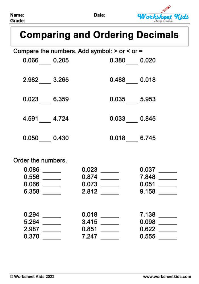 Comparing and Ordering Decimal Worksheets for Grade 4 &amp; 5