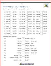 Comparing and Ordering Whole Numbers Worksheets