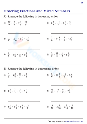Ordering Fractions And Mixed Numbers Worksheet