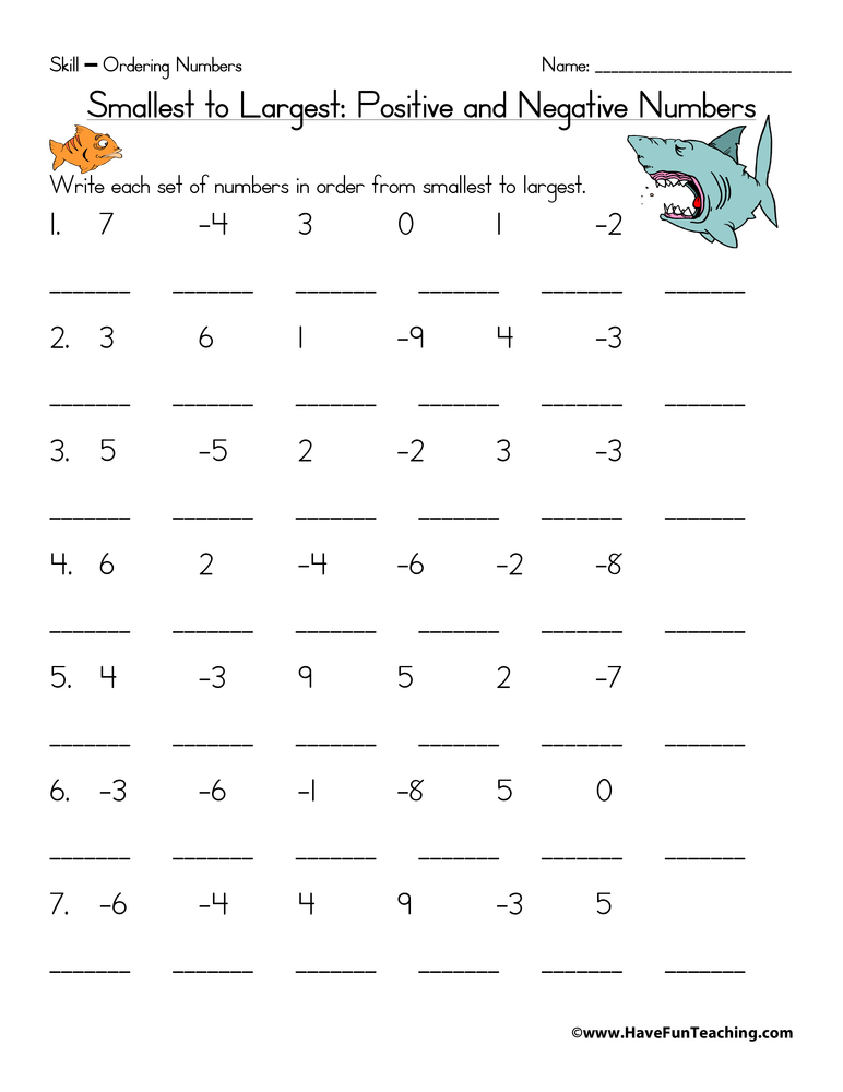 Ordering Positive and Negative Numbers Worksheet  