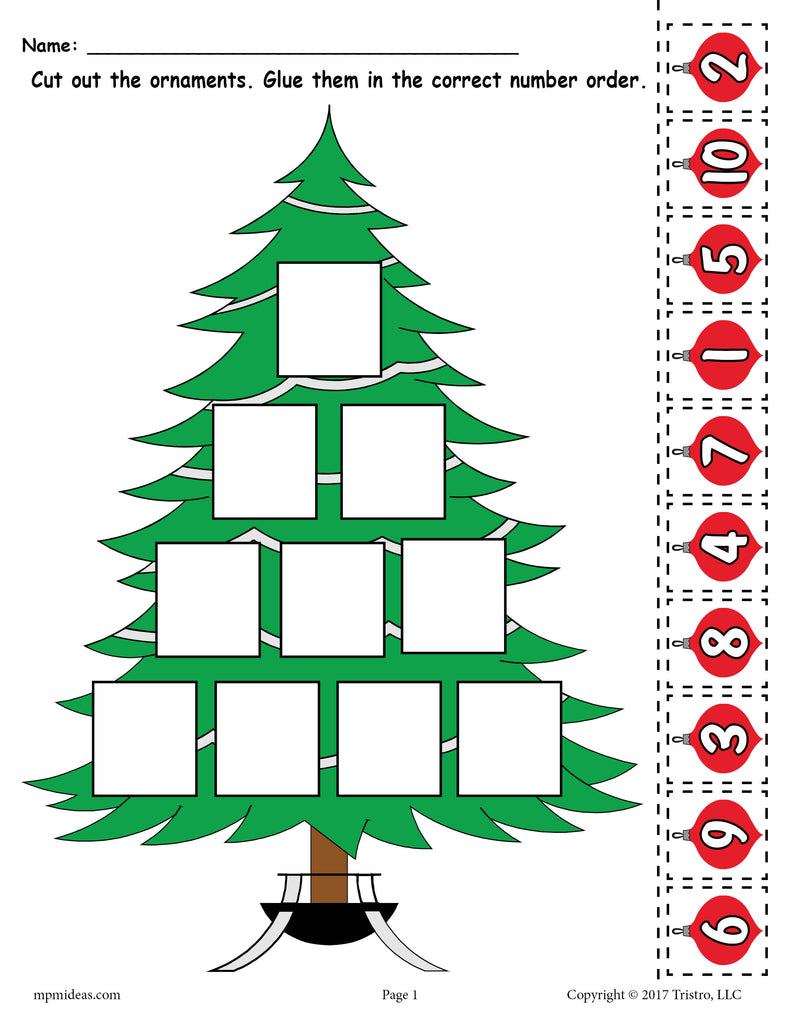Printable Christmas Tree Ordering Numbers Worksheet Numbers 1-10 ...