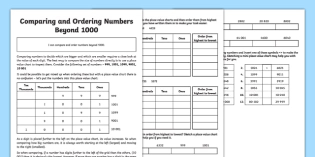 ordering numbers beyond 1000 worksheet