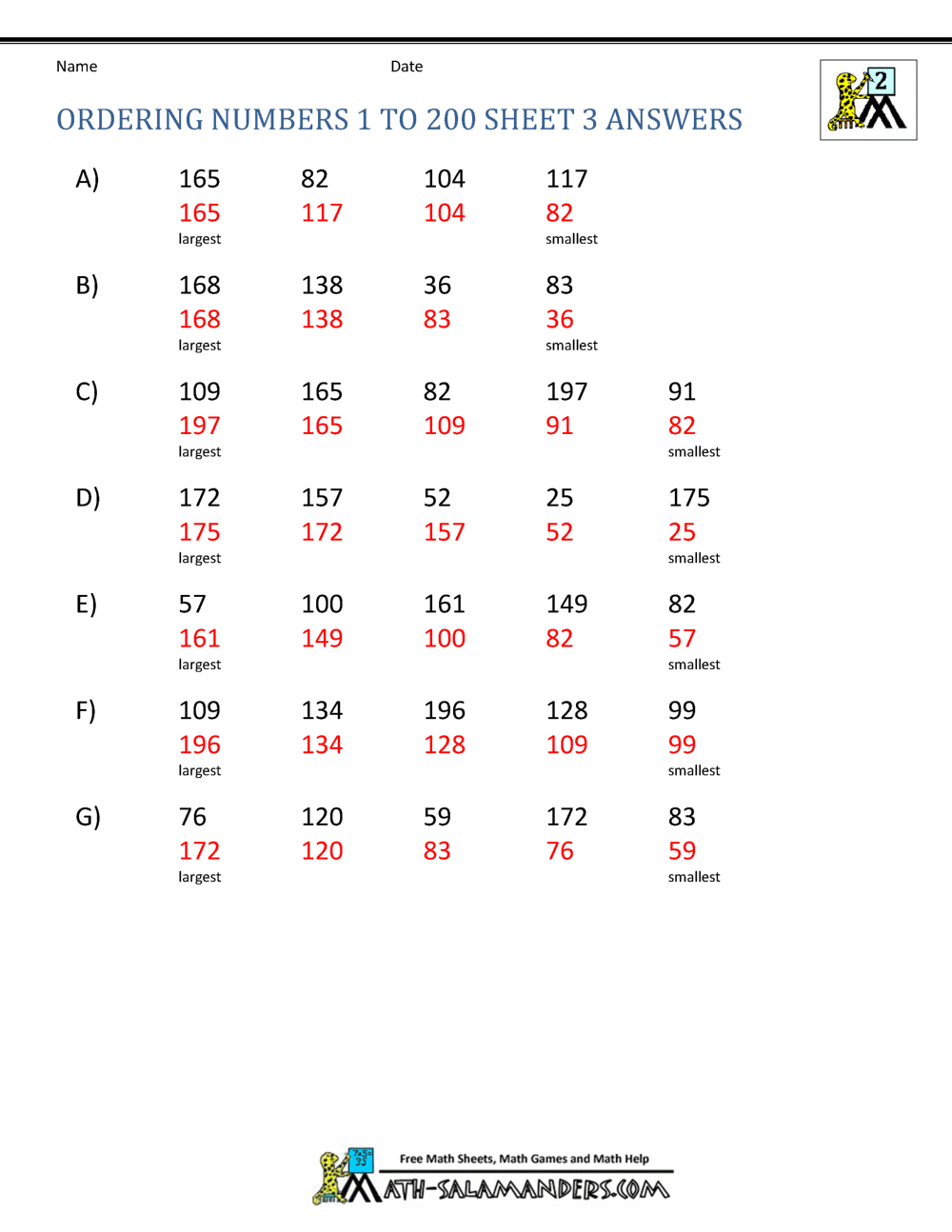 Ordering Numbers Worksheets up to 1000