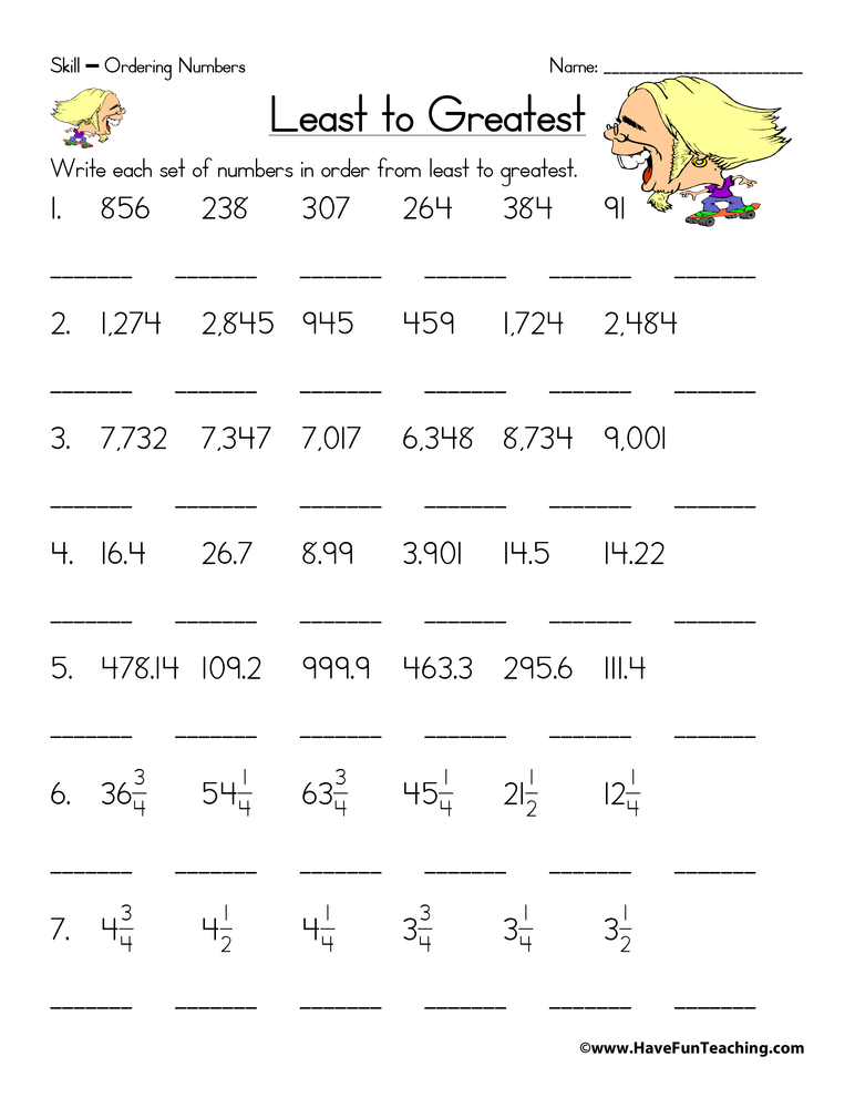 Ordering Fractions, Decimals, and Whole Numbers Worksheet