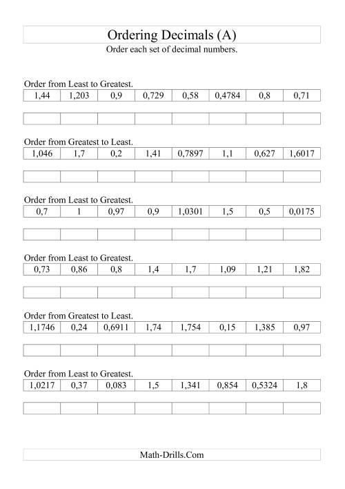 Sorting/Ordering Decimals with Various Decimal Places (A)