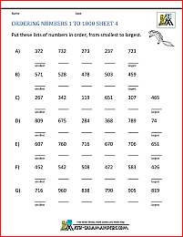 Ordering Numbers Worksheets up to 1000