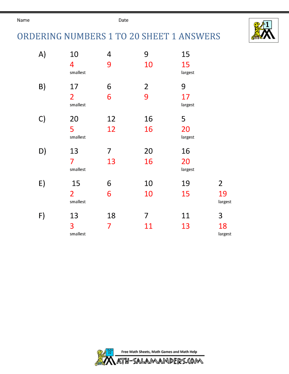 Ordering Numbers Worksheet up to 99