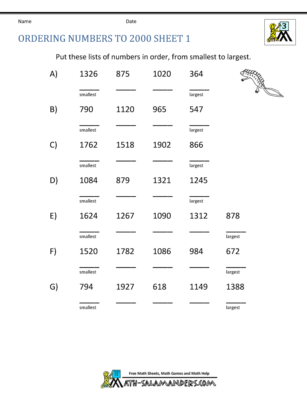 Ordering 4 digit numbers worksheets 3rd grade