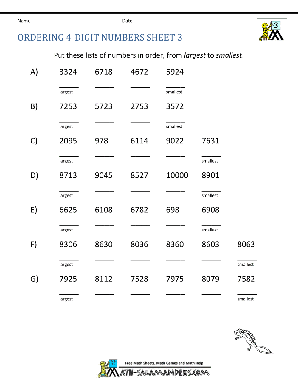 Ordering 4 digit numbers worksheets 3rd grade