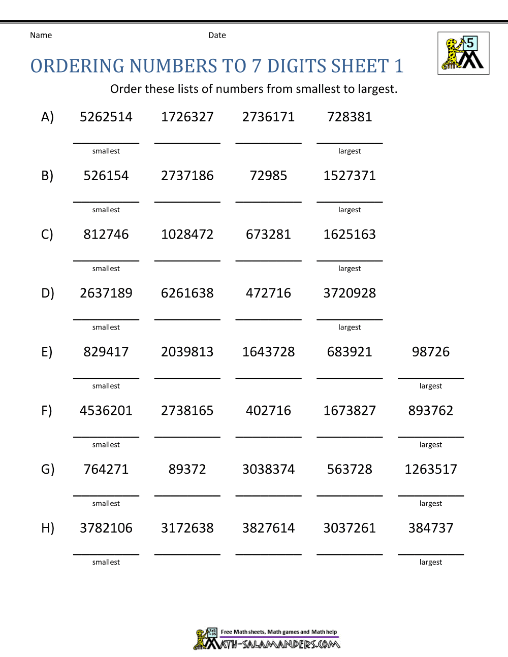 Ordering Large Numbers 5th Grade