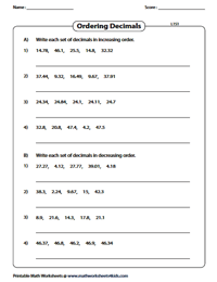 Ordering Decimals Worksheets