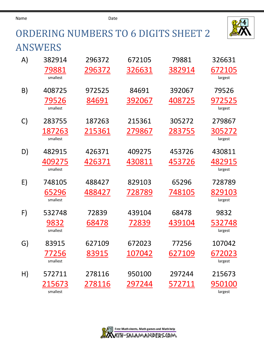 Ordering Numbers to 6 Digits Sheet 2 Answers | 4th grade math ...
