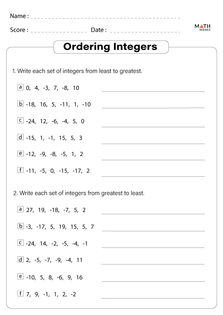 ordering numbers worksheet 6th