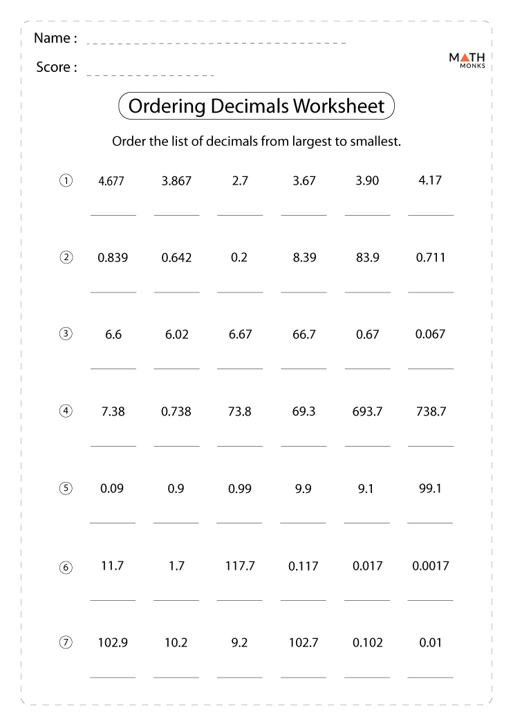 ordering numbers worksheet 6th