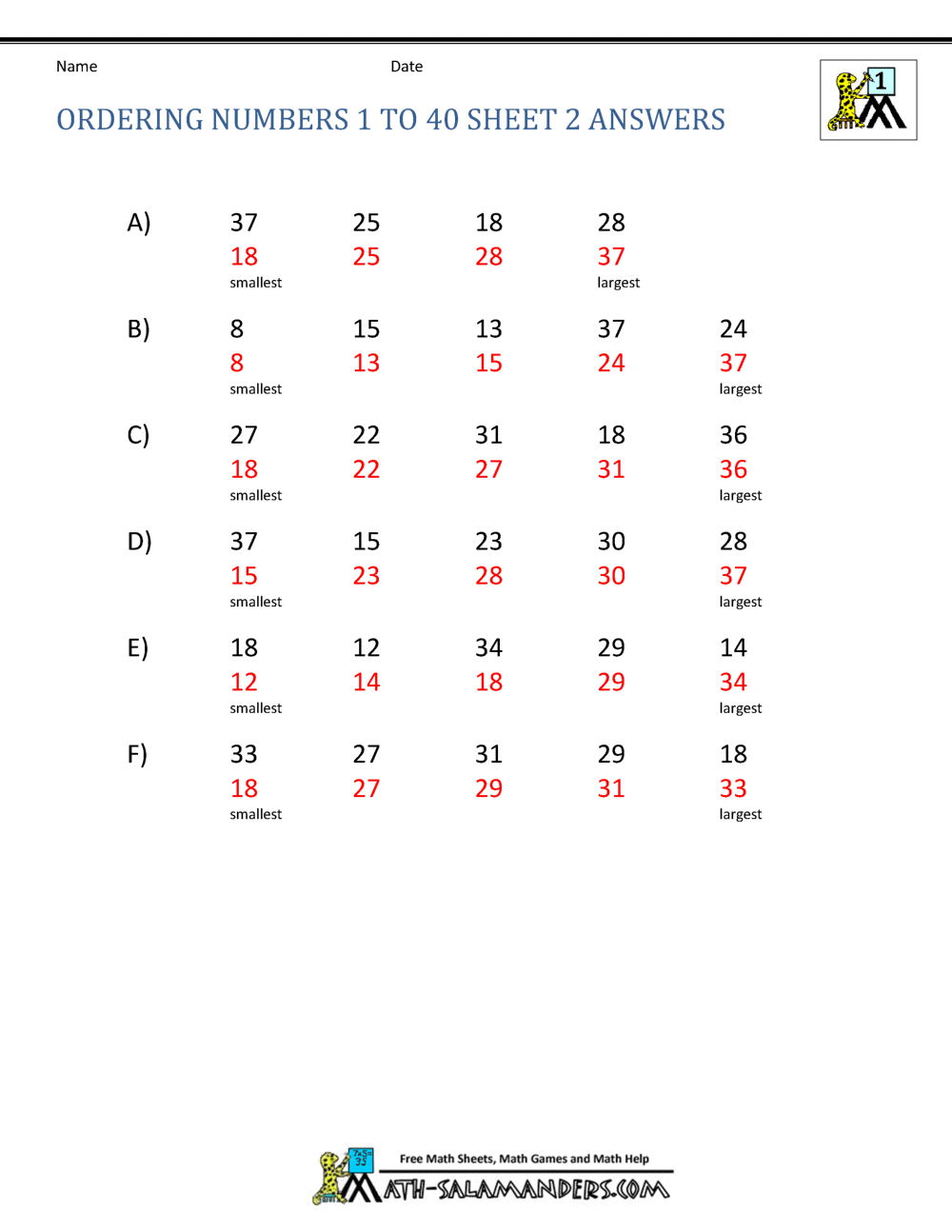 Ordering Numbers Worksheet up to 99